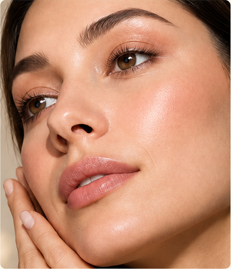 Close-up portrait showing clear, luminous facial skin